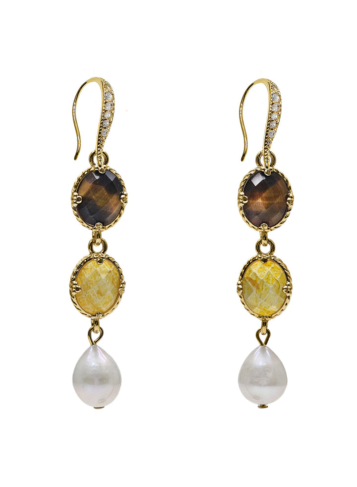 Tiger Eye And Yellow Quartz Dangle Earrings PE041