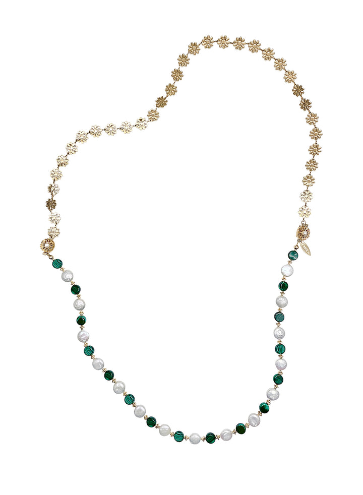 Coin Shaped Malachite And Freshwater Pearls With Flower Chain Versatile Necklace PN059