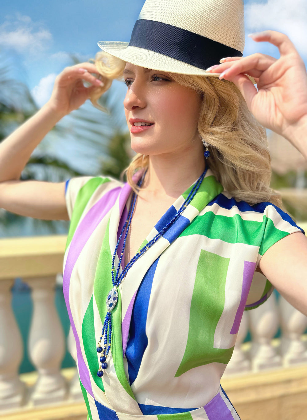 Y shaped Lapis with Rhinestone Necklace JN029 - FARRA