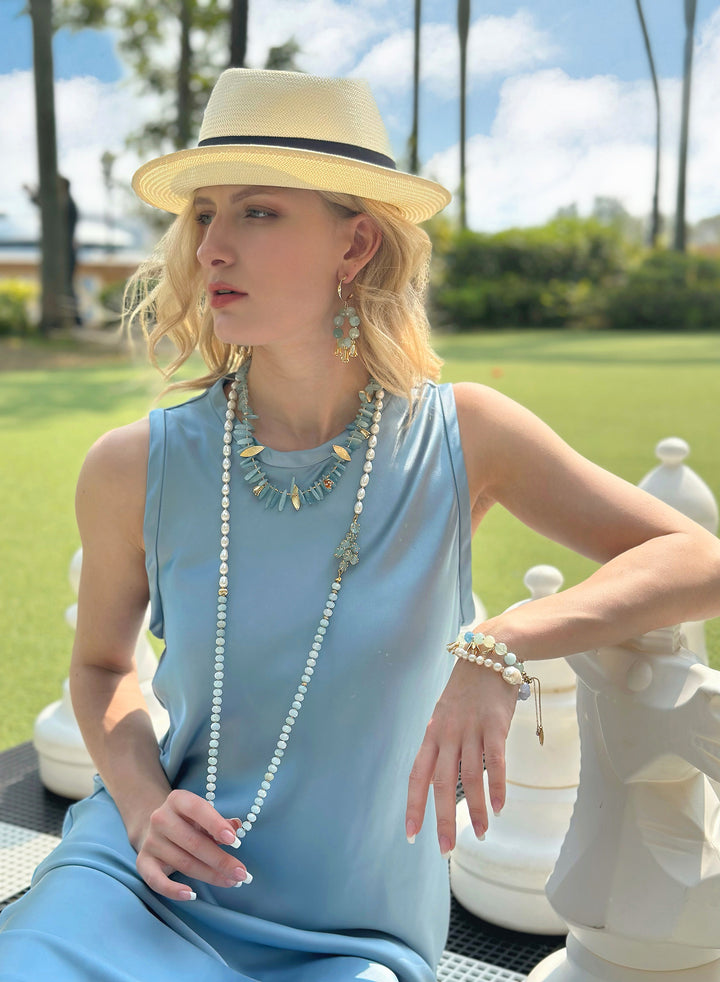 Blue Aquamarine and Freshwater Pearls Long Necklace JN044 - FARRA