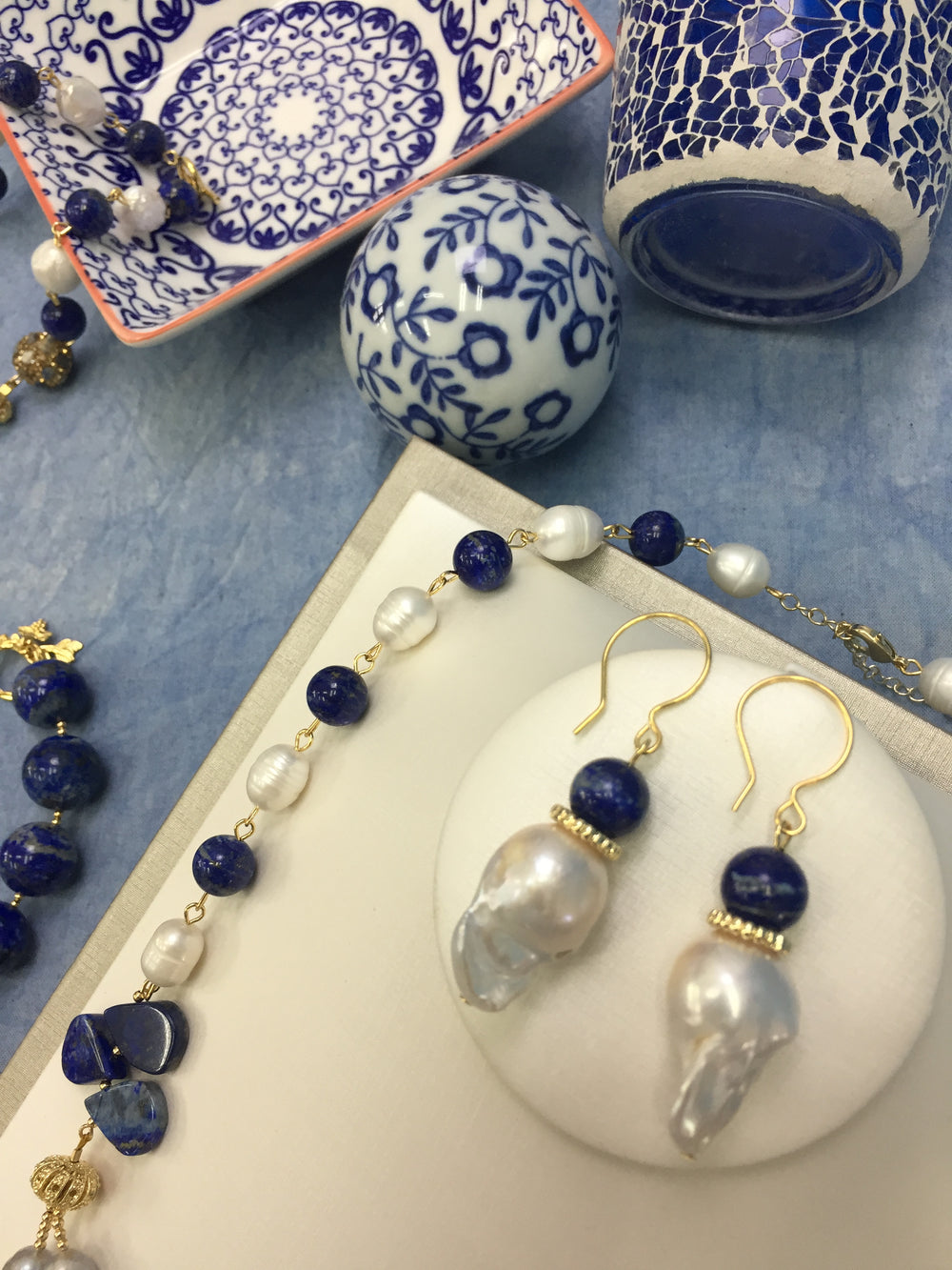 Baroque Pearls With Lapis Hook Earrings CE005 - FARRA