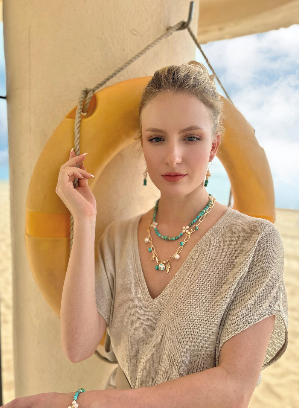 Turquoise with Flower pearls Necklace JN056 - FARRA