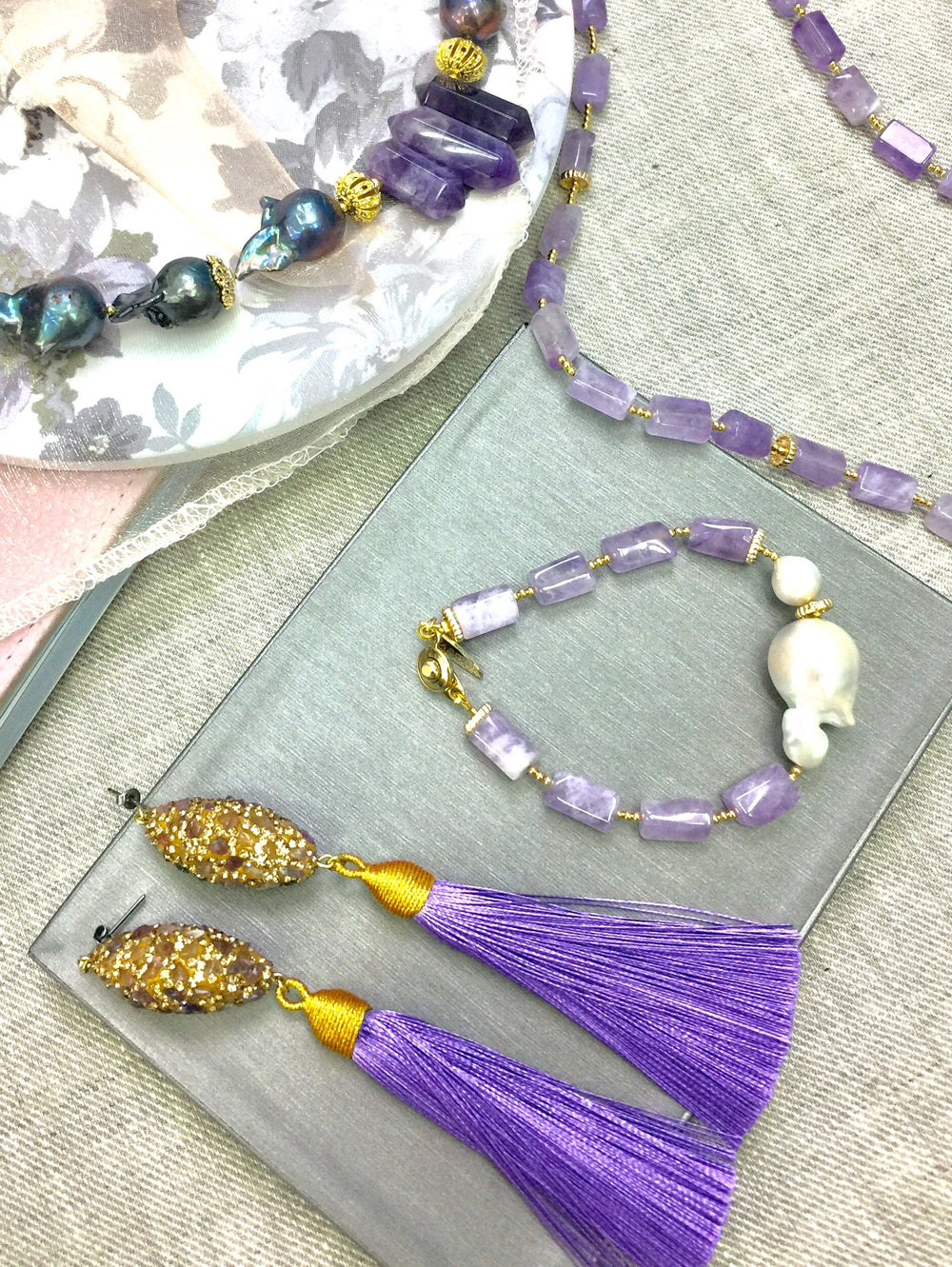 Amethyst bracelet, amethyst pendant, amethest rings