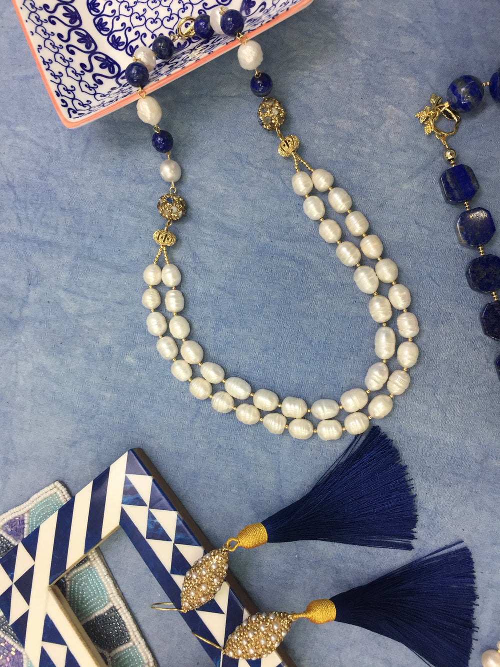 Freshwater Pearls With Lapis Double Strands Necklace CN004 - FARRA