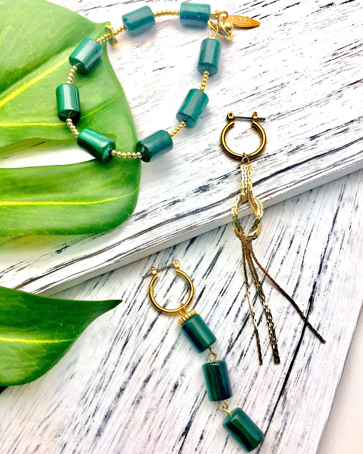 Malachite & Metal Fringe Asymmetrical Earrings CE035 - FARRA