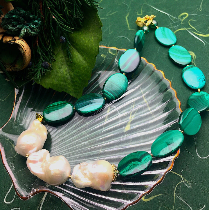 Malachite & Baroque Pearl Necklace CN041 - FARRA