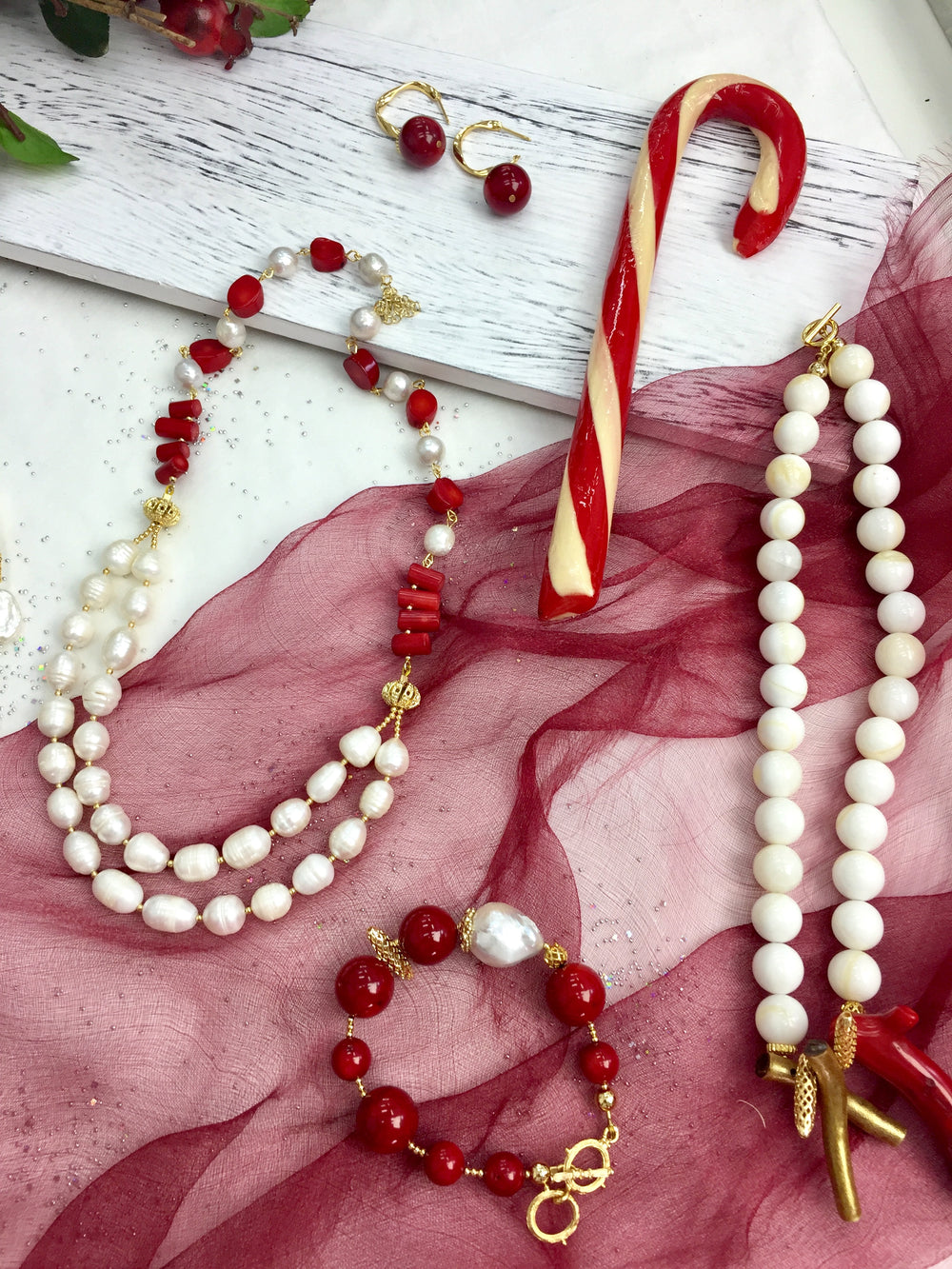 Freshwater Pearls With Corals Double Strands Necklace CN010 - FARRA