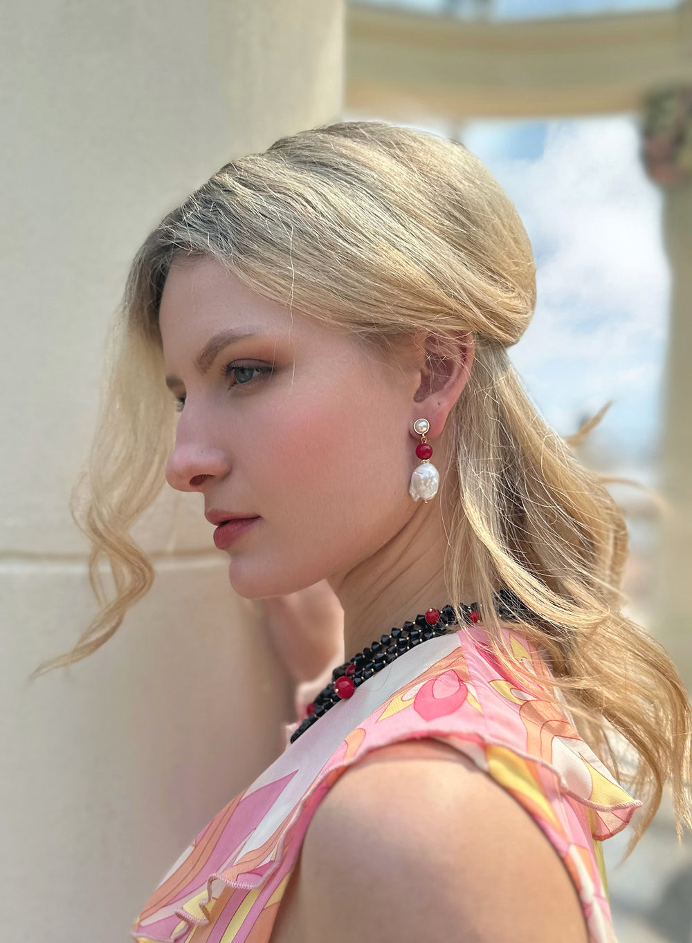 Baroque Pearl with Red Coral Clip-on Earrings JE005 - FARRA