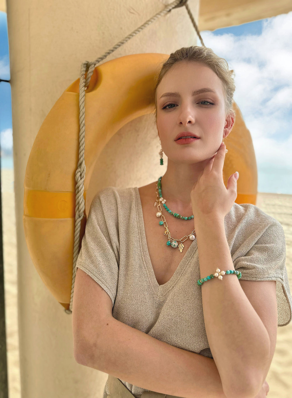 Turquoise with Flower Pearls Adjustable Bracelet JB020 - FARRA