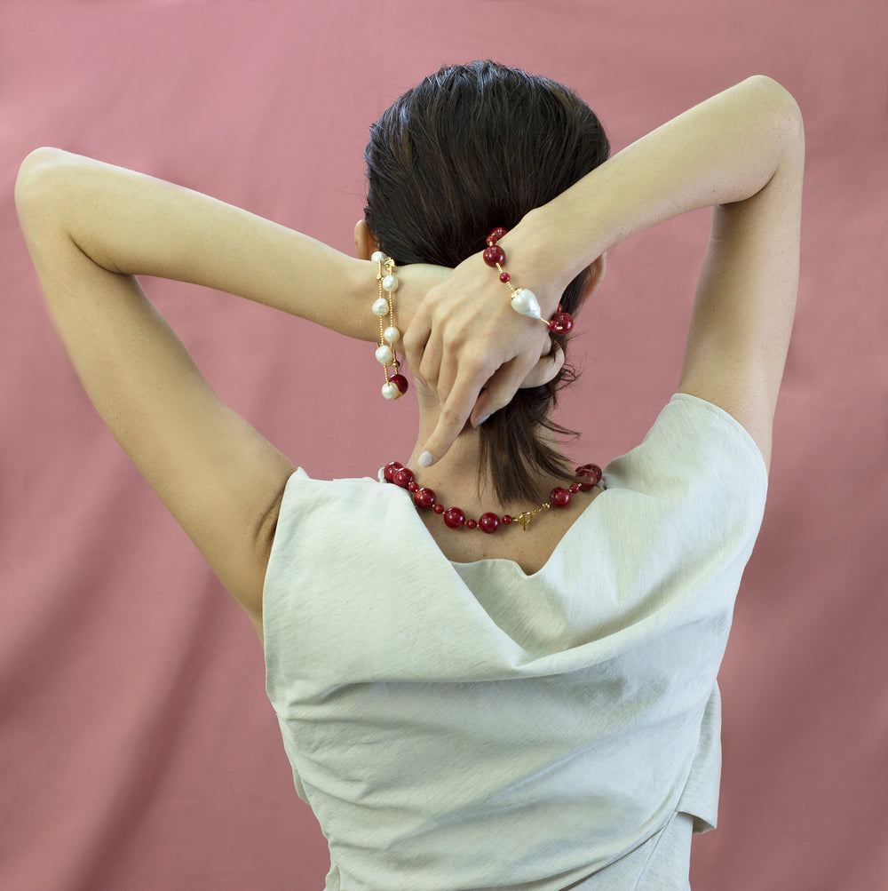 Freshwater Pearls Red Coral Double Wrapped Bracelet CB002 - FARRA