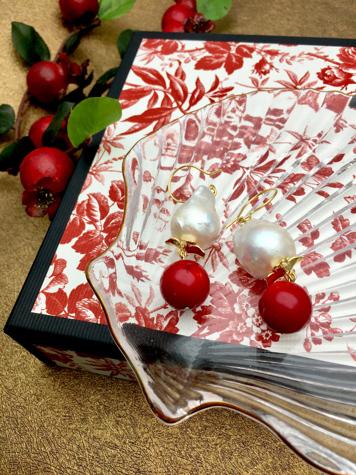 Baroque Pearls With Red Coral Dangle Earrings CE007 - FARRA