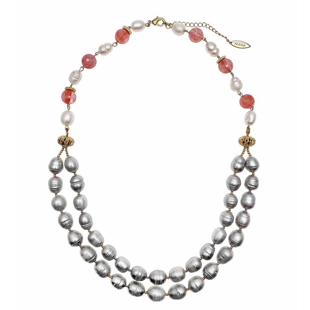 Grey Freshwater Pearls With Watermelon Quartz Double Strands Necklace GN002 - FARRA
