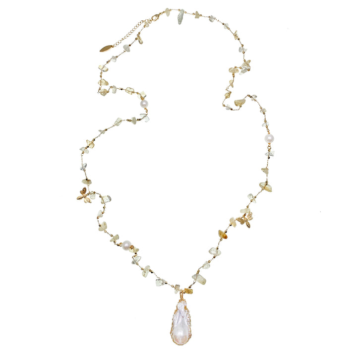 Citrine With Baroque Pearl Pendant & Bee Charms Multi-Way Chain Necklace GN012 - FARRA