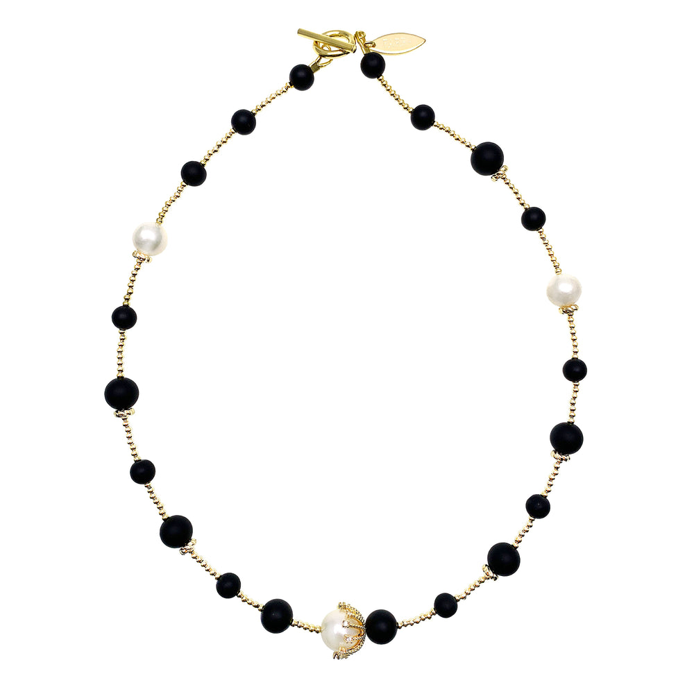 Matte Black Agate & Freshwater Pearls Double Layers Bracelet/ Choker HB008 - FARRA