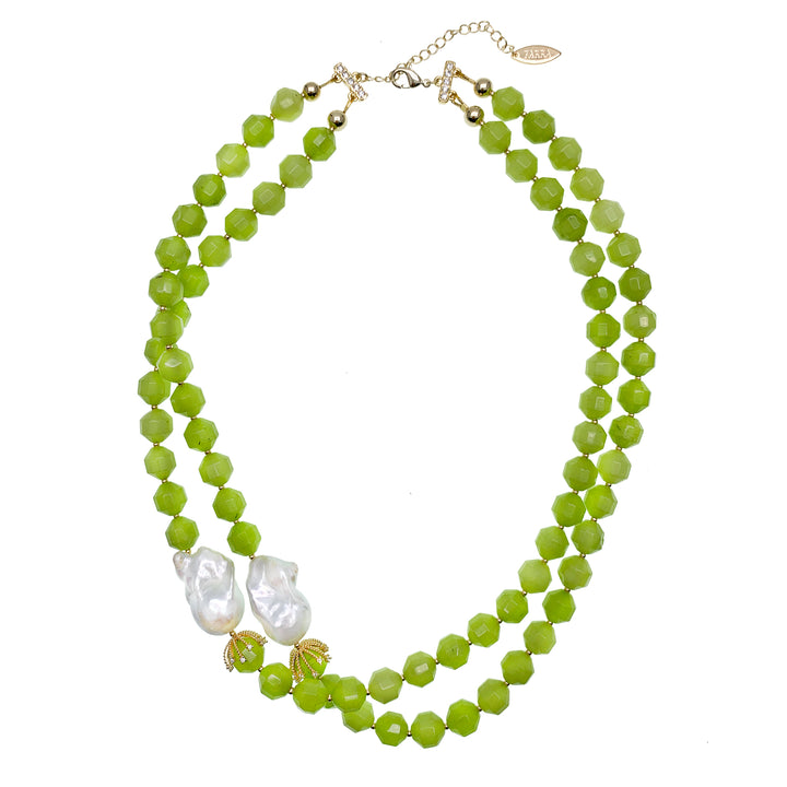 Green Jade With Baroque Pearl Double Strands Necklace HN014 - FARRA