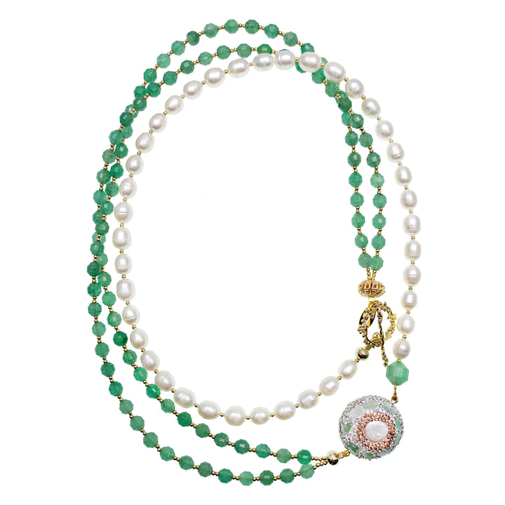 Green Aventurine And Pearls With Rhinestone Long Necklace HN016 - FARRA