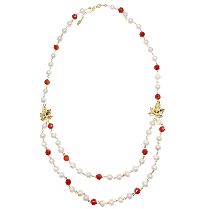 Freshwater Pearl With Red Agate And Maple Leaves Charm Long Chain Necklace HN031 - FARRA