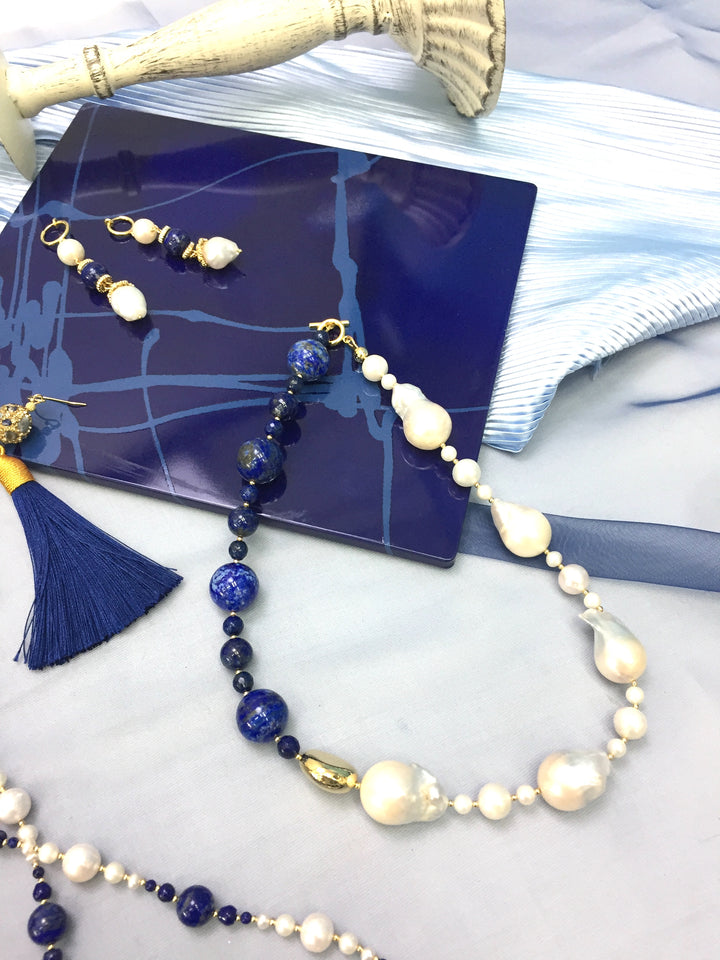 Baroque Pearls With Blue Lapis Choker Necklace DN210 - FARRA