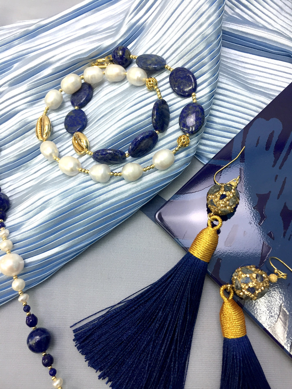 Natural Lapis With Freshwater Pearls Double Wrapped Bracelet DB203 - FARRA