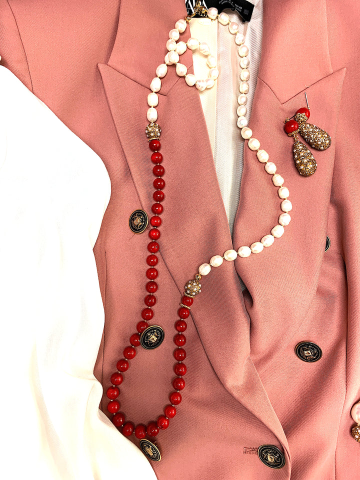 Freshwater Pearls with Red Corals Two Ways Necklace FN008 - FARRA