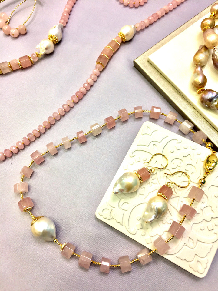 Pink Rose Quartz With Baroque Pearl Minimalist Necklace DN221 - FARRA
