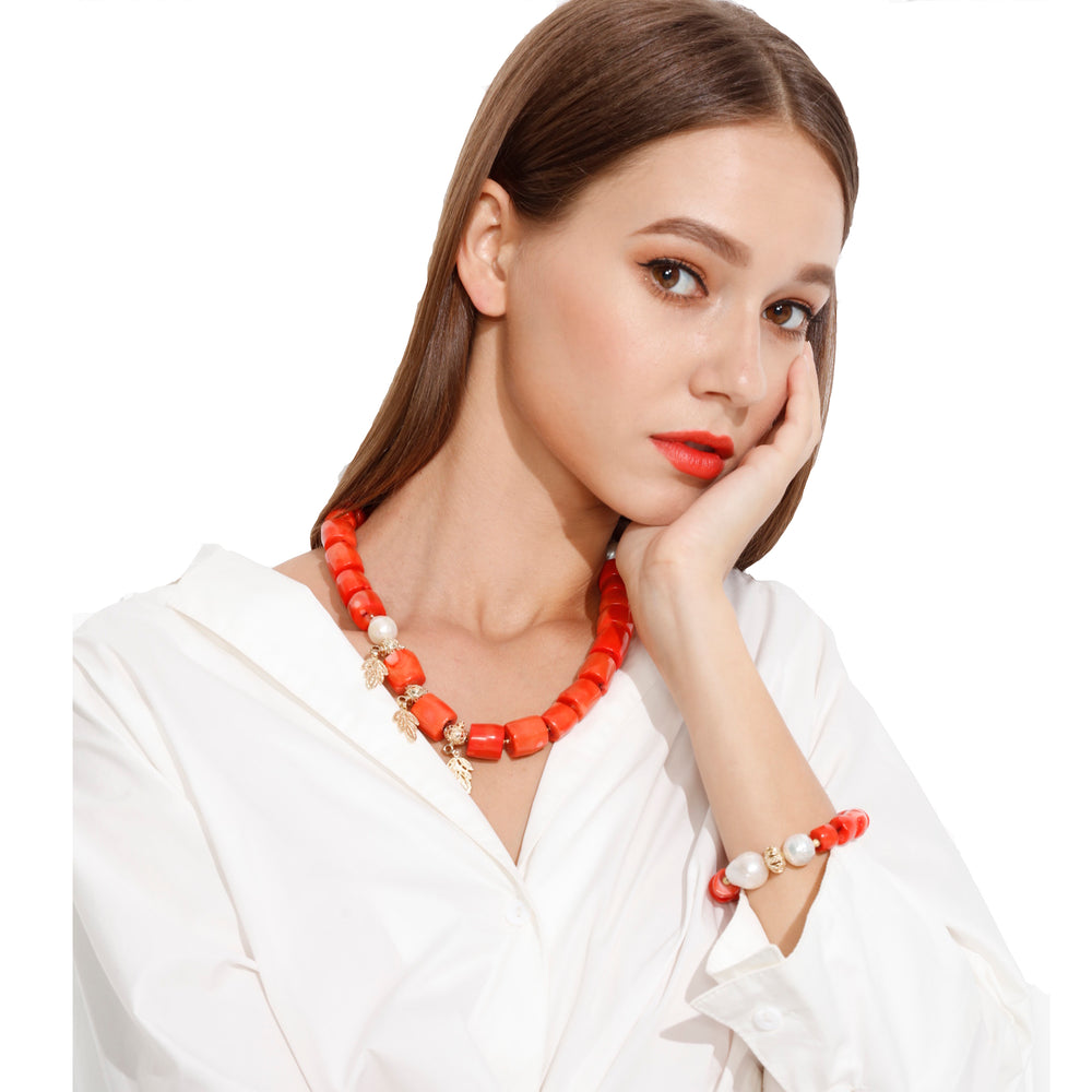 Orange Coral With Natural Baroque Pearls Bracelet MB029 - FARRA