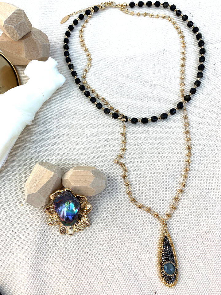 Black Obsidian and Chain With Pendant Double Layers Necklace HN036 - FARRA