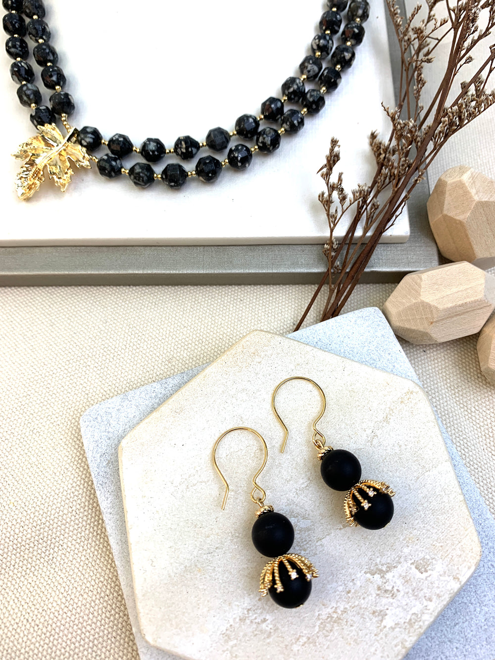 Black Agate  Hook Earrings HE025 - FARRA