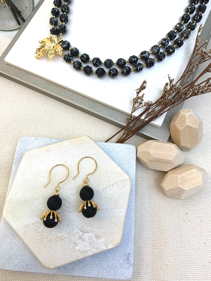 Black Agate  Hook Earrings HE025 - FARRA