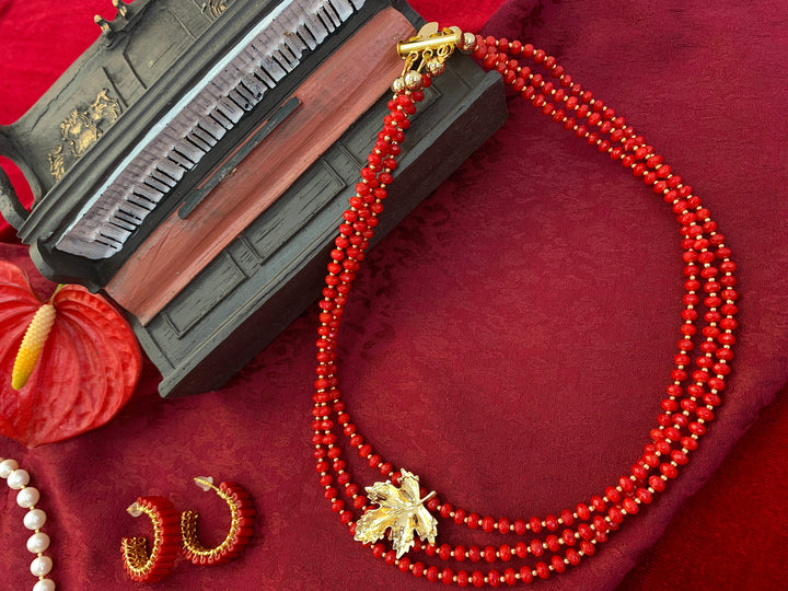 Red Coral With Maple Pendant Multi-layers Necklace HN032 - FARRA