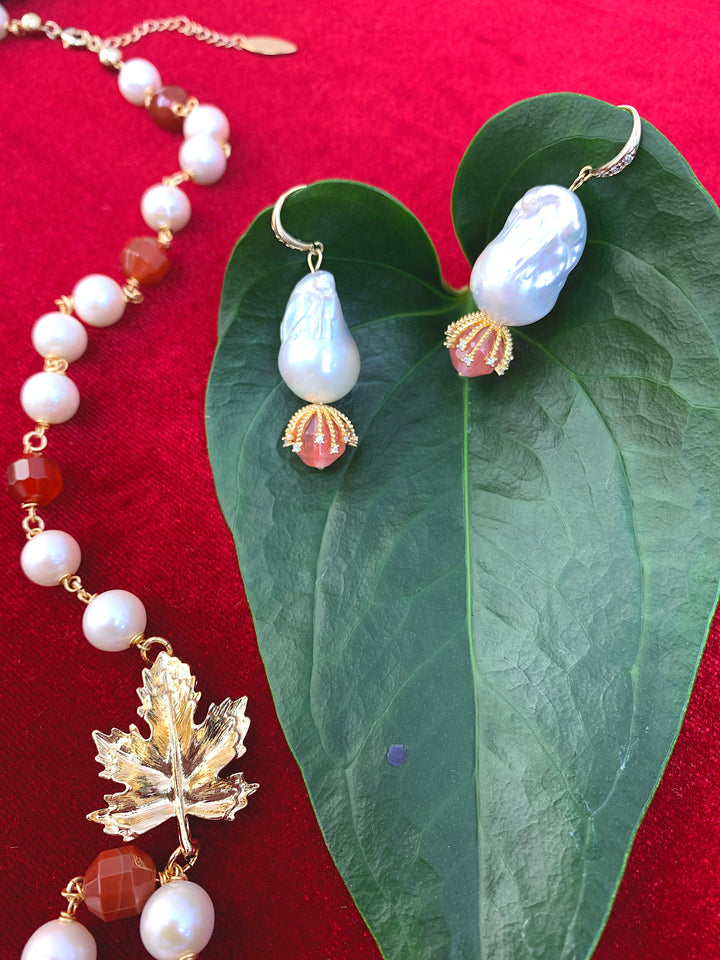 Baroque Pearl With Watermelon Quartz Elegant Earrings HE020 - FARRA