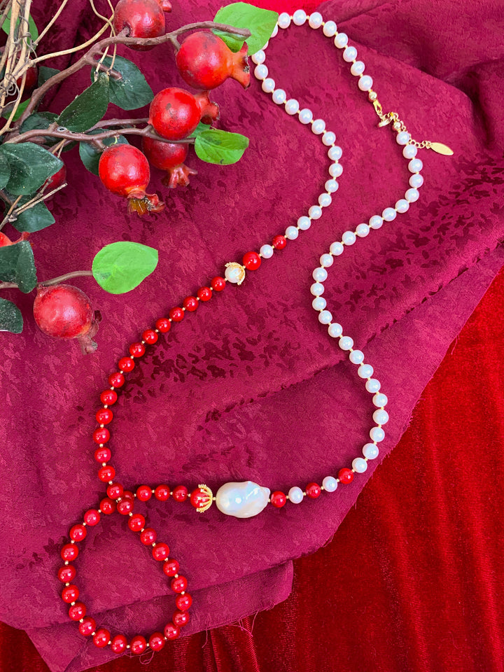 Freshwater Pearls With Bamboo Coral And Baroque Pearl Long Necklace HN035 - FARRA