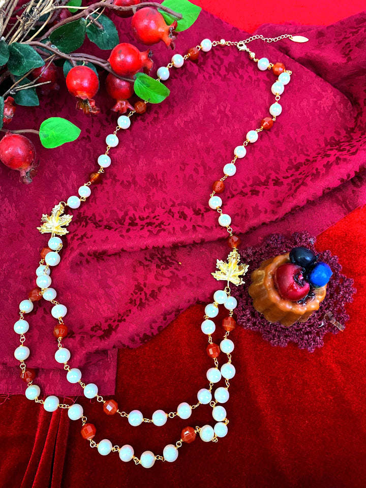 Freshwater Pearl With Red Agate And Maple Leaves Charm Long Chain Necklace HN031 - FARRA