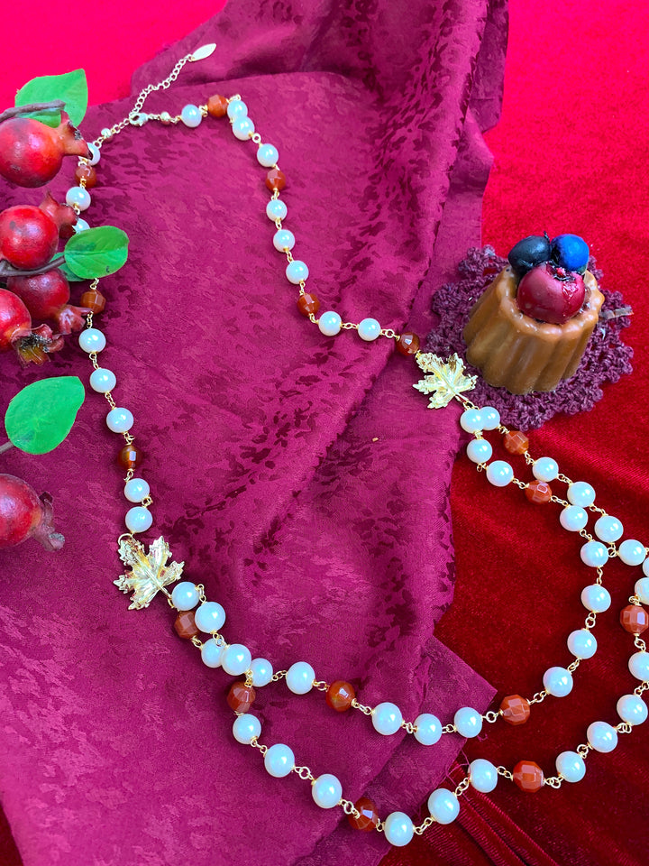 Freshwater Pearl With Red Agate And Maple Leaves Charm Long Chain Necklace HN031 - FARRA