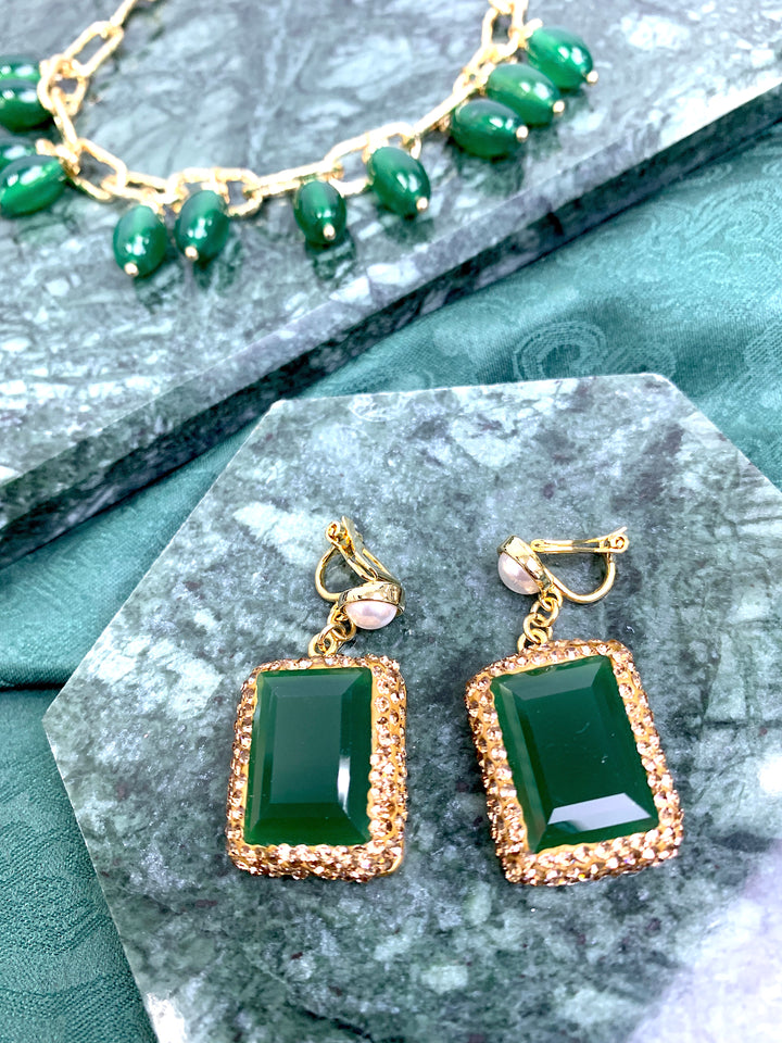 Rectangle Shaped Green Jade Rhinestone Clip-on Earrings HE005 - FARRA