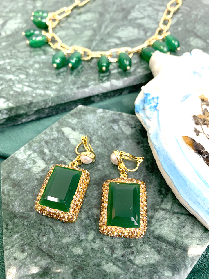 Rectangle Shaped Green Jade Rhinestone Clip-on Earrings HE005 - FARRA