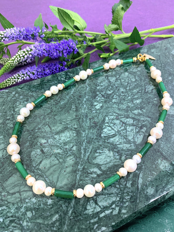 Tube Shaped Green Jade With Freshwater Pearls Necklace HN009 - FARRA