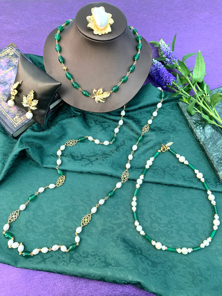 Freshwater Pearls With Green Agate Long Necklace HN006 - FARRA