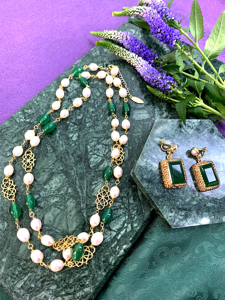 Freshwater Pearls With Green Agate Long Necklace HN006 - FARRA