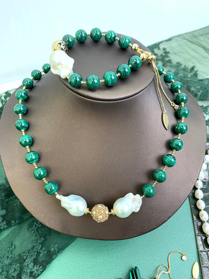 Malachite With Baroque Pearl Adjustable Bracelet HB009 - FARRA