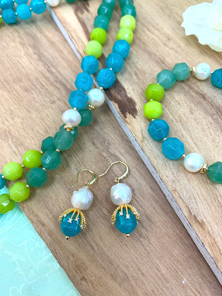Freshwater Pearls With Aqua Jade Dangle Earrings HE008 - FARRA