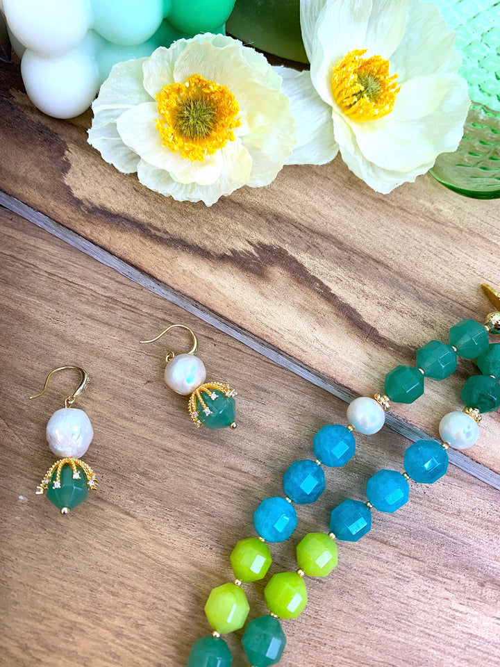 Freshwater Pearls With Aqua Jade Dangle Earrings HE008 - FARRA