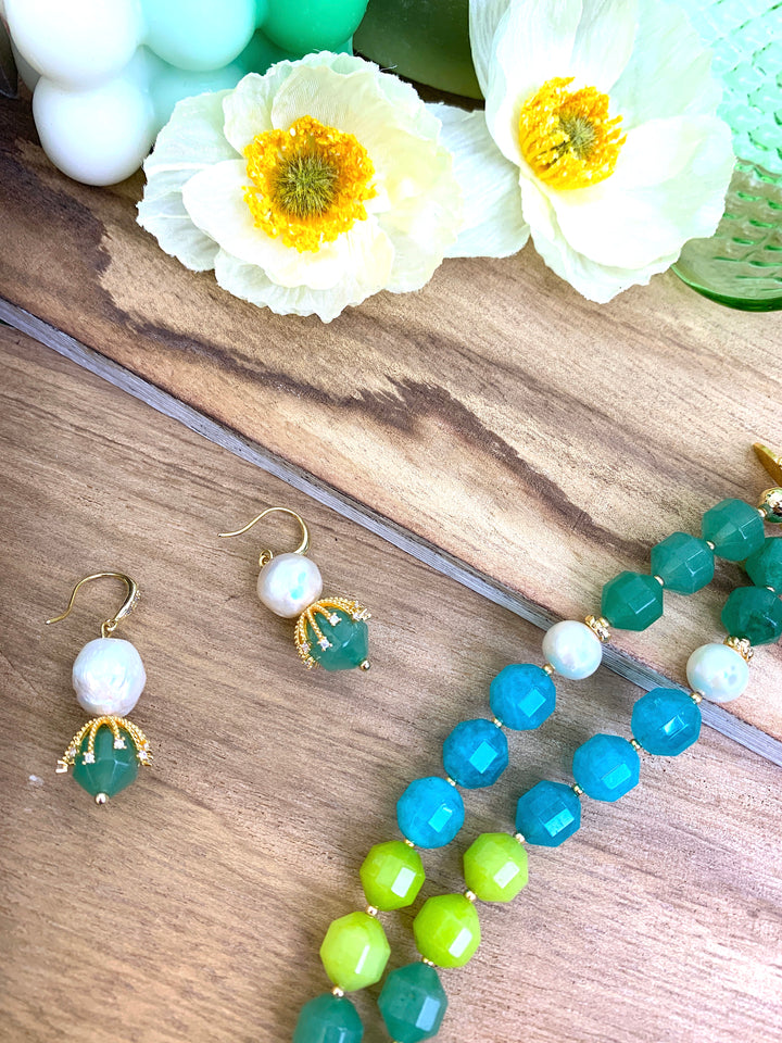 Irregular Pearls With Green Aventurine Dangle Earrings HE010 - FARRA