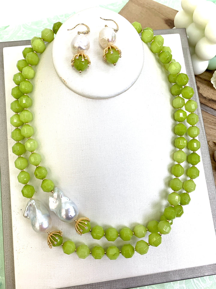 Green Jade With Baroque Pearl Double Strands Necklace HN014 - FARRA