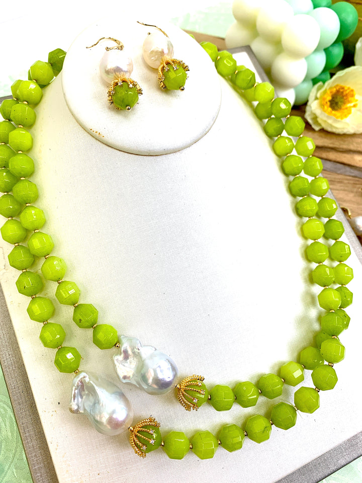 Irregular Freshwater Pearls With Grass Green Jade  Dangle Earrings HE009 - FARRA