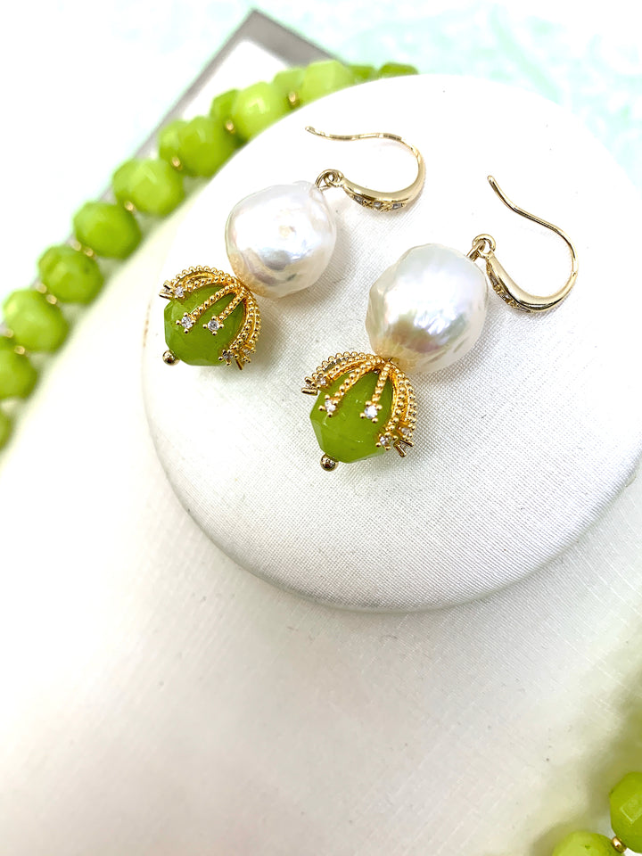 Irregular Freshwater Pearls With Grass Green Jade  Dangle Earrings HE009 - FARRA