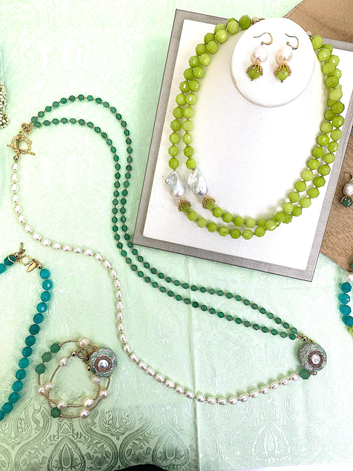 Green Aventurine And Pearls With Rhinestone Long Necklace HN016 - FARRA