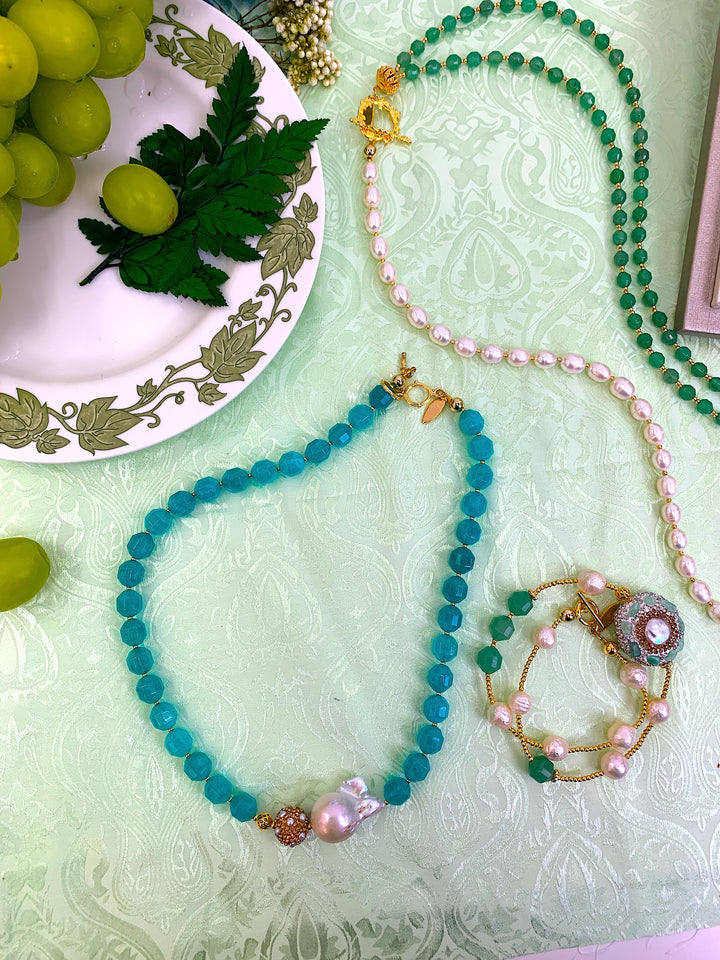 Green Jade With Baroque Pearls Necklace HN013 - FARRA