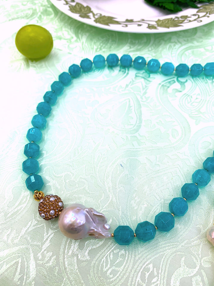 Green Jade With Baroque Pearls Necklace HN013 - FARRA