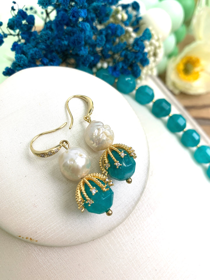Freshwater Pearls With Aqua Jade Dangle Earrings HE008 - FARRA
